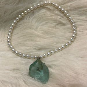 Greenish-Blue Wrapped Stone & Stretchy Faux Pearls Hand Design Necklace